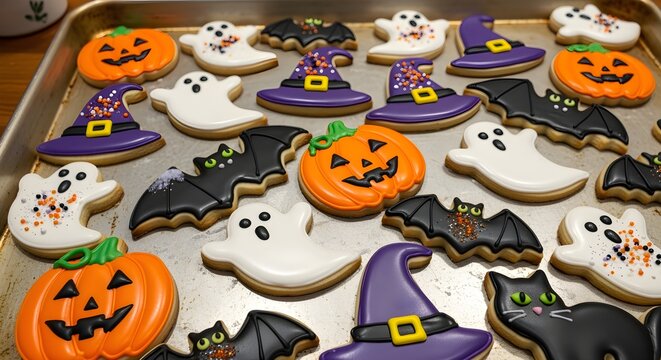 Baking tray with assorted Halloween-themed cookies decorated with icing.