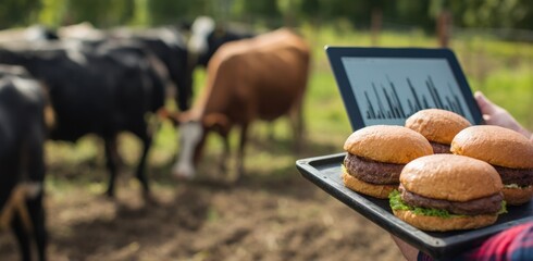 Burgers and data held against a backdrop of grazing cattle, representing a blend of traditional agriculture and modern technology on a sunny day