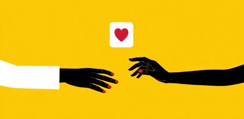 Illustration of two silhouetted hands reaching towards a heart symbol on a yellow background, suggesting connection and love