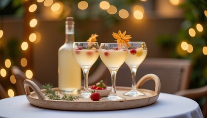 Fototapeta premium Festive table with three cocktails and a bottle on a tray for New Year's Eve 