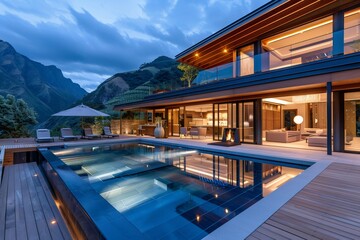 Beautiful modern home with infinity pool and mountain view at twilight