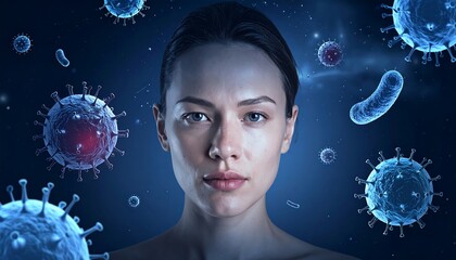 A woman faces the viewer amidst floating microbe illustrations on a blue background, symbolizing health vulnerability