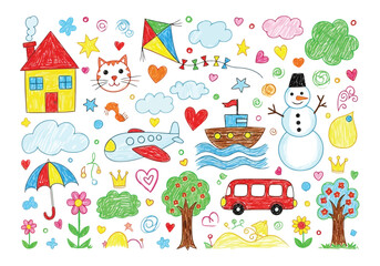 Illustration of childrens drawing with house, cat, snowman, bus, kite, and airplane
