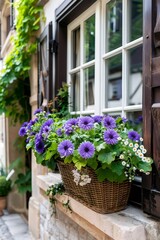 Fototapeta premium Purple daisy flowers growing in wicker basket under window