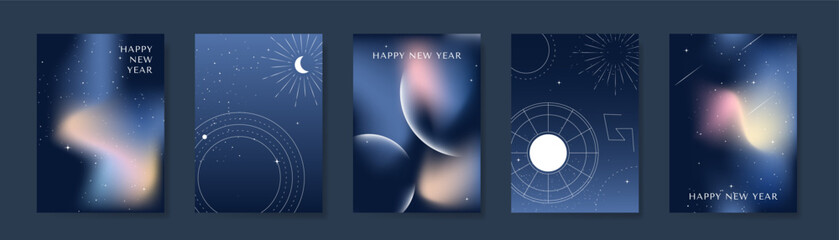 Obraz na płótnie Canvas Happy New Year invitation card design vector set. Navy blue wedding card with little star, galaxy, moon,meteor, zodiac, cosmic and aurora decorative. Design illustration for cover, poster, gala.