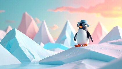Obraz premium A clay animation-style penguin explorer with a monocle and explorer’s cap, waddling