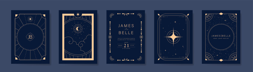 Wedding invitation card design vector set. Navy blue wedding card with little star,galaxy, magic cosmic, frame and moon decorative texture. Design illustration for cover, poster, gala. © babeer