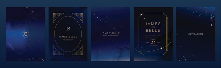 Wedding invitation card design vector set. Navy blue wedding card with little star, galaxy, moon ,cosmic, frame and watercolor decorative texture. Design illustration for cover, poster, gala.