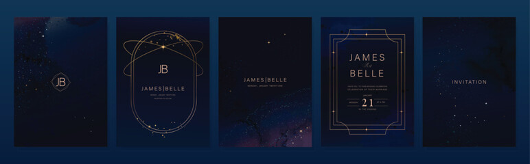 Wedding invitation card design vector set. Navy blue wedding card with little star, galaxy, moon ,cosmic, frame and watercolor decorative texture. Design illustration for cover, poster, gala.