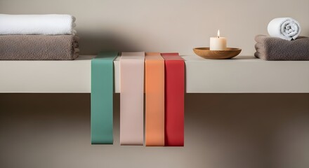 Spa-like recovery concept with resistance bands: natural light, deep focus, ultrasharp textures, crisp edges, clean composition, copy space. Fitness, health, training suitable. No logos, text, brands.