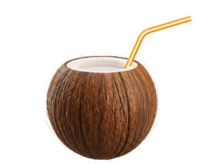 Fresh coconut drink with straw isolated on transparent background