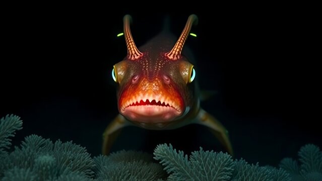 A deep-sea chimaera glowing with bioluminescent forehead lights in the dark ocean abyss.