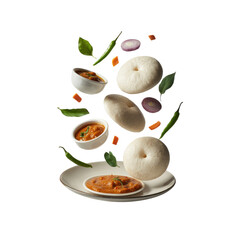 Healthy Indian Idli and Sambar with Flying Effect Isolated on Transparent Background
