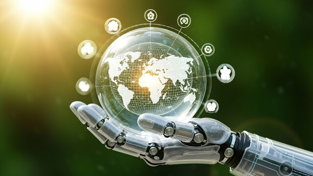 Robotic hand holds a digital globe with icons against a green background, highlighting sustainability, eco-friendly innovation, and the blending of nature with technology.