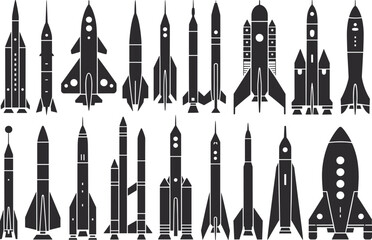 Rocket silhouettes collection, space launch vehicles, missile icons, aerospace technology, space exploration rockets, launch systems vector, space transportation designs.