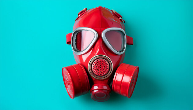 Bright Red Gas Mask with Silver Accents on a Vibrant Teal Background image photo