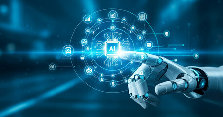 Robot hand touches digital interface with glowing icons on a blue background, futuristic holographic elements, and abstract patterns that highlight innovation and intelligence.