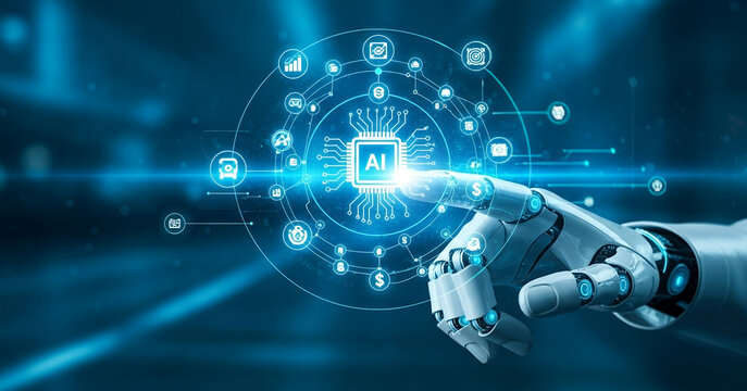 Robot hand touches digital interface with glowing icons on a blue background, futuristic holographic elements, and abstract patterns that highlight innovation and intelligence. - Powered by Adobe