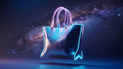 Futuristic metallic tote bag glowing with neon light against a cosmic galaxy background