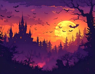 Spooky castle at sunset