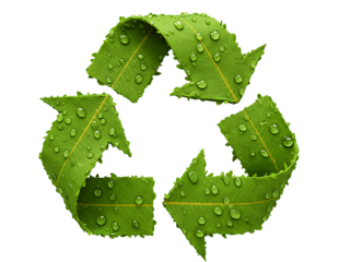 Green recycling symbol made of leaves with water droplets isolated on transparent background