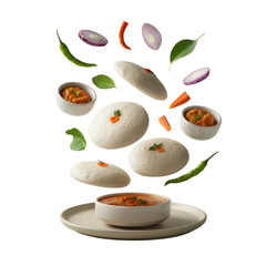 Healthy Indian Idli and Sambar with Flying Effect Isolated on Transparent Background