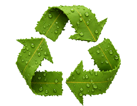 Green recycling symbol made of leaves with water droplets isolated on transparent background