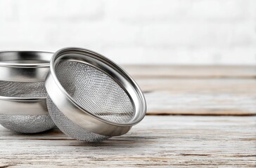 Stack of three fine-mesh metal sieves with chrome rims on a rustic white-washed wooden surface. Soft light, shallow depth of field