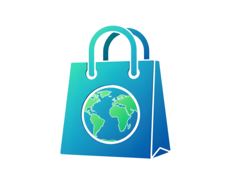 Blue shopping bag with planet earth graphic isolated on transparent background