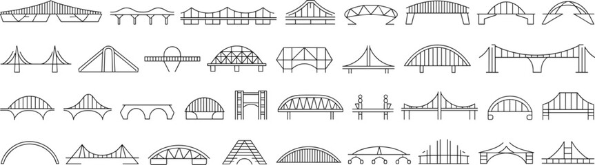 Set of modern bridge icons, different bridge designs, engineering structures, construction symbols, architecture elements, transportation infrastructure, line art vector illustrations.