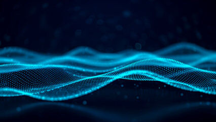 Abstract blue glowing waves on a dark background with particles, illuminated with radiant gradients and futuristic motion creating a dynamic visual effect.