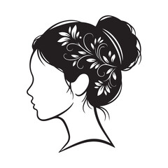 Elegant Woman Silhouette with Floral Hair Bun  Black and White Vector Illustration