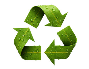 Green recycling symbol with water droplets isolated on transparent background