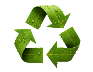 Green recycling symbol with water droplets isolated on transparent background