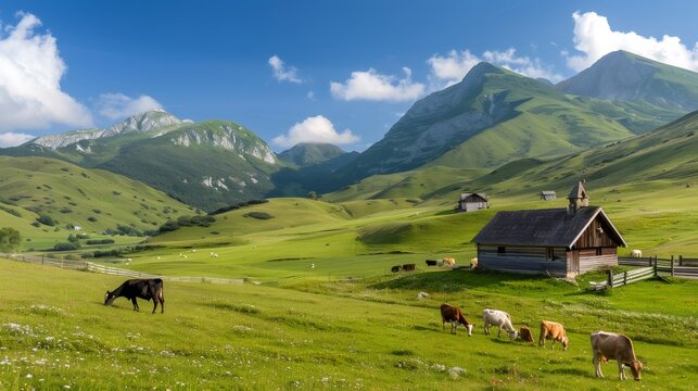 Cows grazing in green meadows of Lessinia Regional Natural Park with old wooden church