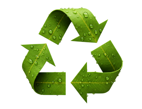 Green recycling symbol with water droplets isolated on transparent background