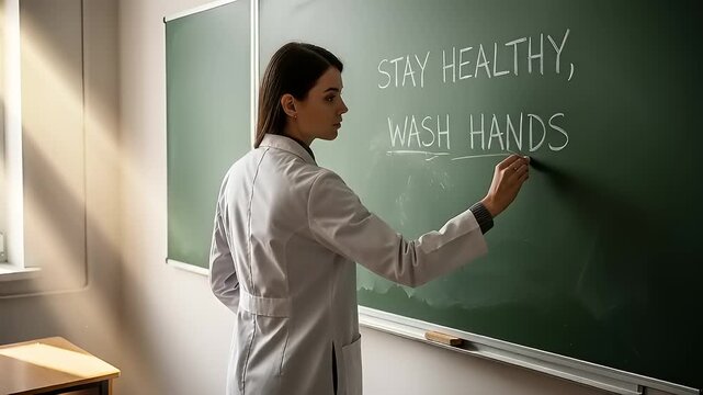 Teacher Writes "Stay Healthy, Wash Hands" on Chalkboard in Classroom