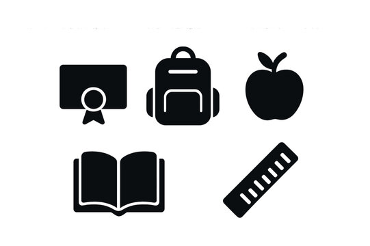 Education icons set: certificate, backpack, apple, book, ruler in black and white