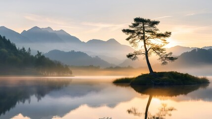 Lonely pine tree growing on small island in misty lake at sunrise with mountain background