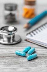 Medical tools Blue pills, notebook, pen, and stethoscope arranged on a wood surface. Soft focus on other pill bottles