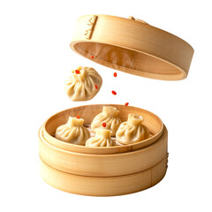 Steamed Dumplings in Bamboo Basket with Flying Chili Slices Isolated on Transparent Background
