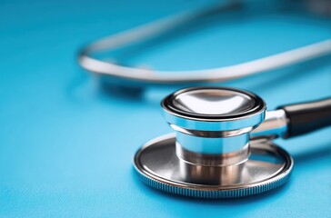 Close-up of a metallic stethoscope with black tubing, resting on a bright blue background, creating a clean, professional, and medical-related image