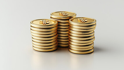 Symmetrical stacks of golden coins with dollar signs on light gray background, coin stacks, financial wealth, wealth accumulation, investment symbol, wealth symbol, finance concept