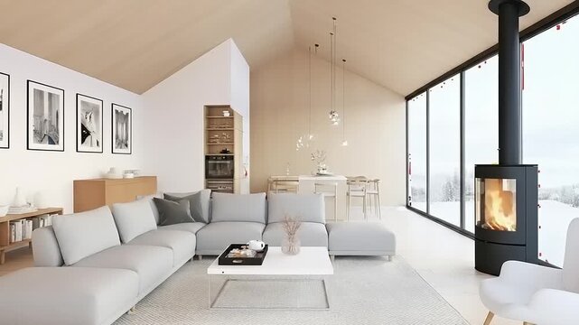 Modern Cozy Living Room with Fireplace and Snowy View