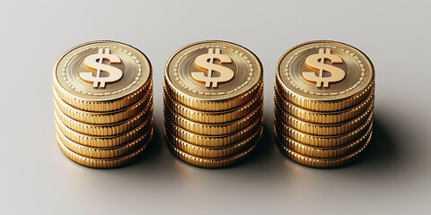 Golden coins bearing dollar symbols, neatly stacked against plain gray backdrop, coin stacks, financial wealth, wealth accumulation, investment symbol, wealth symbol, finance background