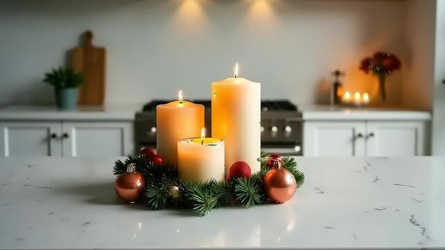 Warm Holiday Glow: Festive Candles and Wreath Adorning a Modern Kitchen Countertop