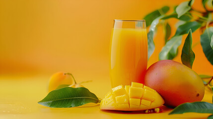 Refreshing mango juice with fresh fruit and vibrant leaves, perfect for summer.