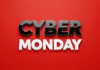 Fototapeta premium Bold 3D Cyber Monday text in black and white on red background sale shopping