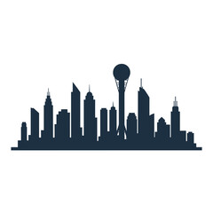 Obraz premium Silhouette of a Modern City Skyline with HighRise Buildings and a Unique Tower