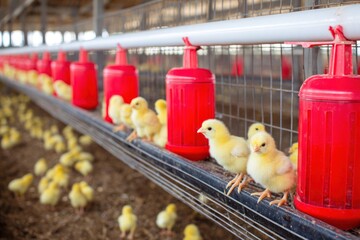 Focus is on a row of chicks with red waterers, in a large agricultural setting, showing many more blurred chicks in the background
